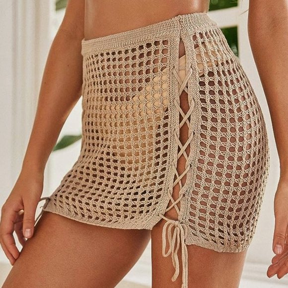 Crochet Sheer Swimsuit Beach Mini Skirt Bikini Cover Up Skirt - Picture 3 of 4